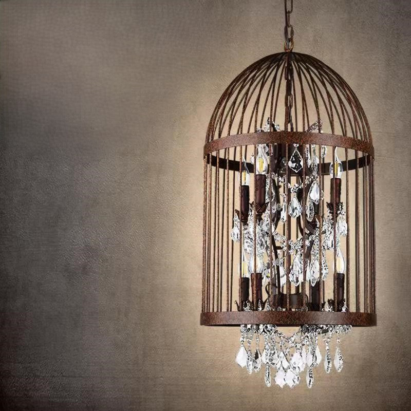 Traditional Vintage Birdcage Candle Holder Water Drops Rhombus Iron Crystal 8-Light Chandelier For Living Room