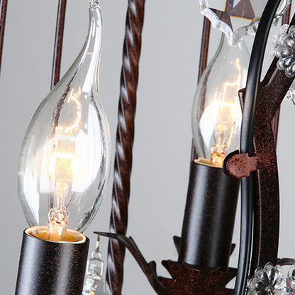 Traditional Vintage Birdcage Candle Holder Water Drops Rhombus Iron Crystal 8-Light Chandelier For Living Room