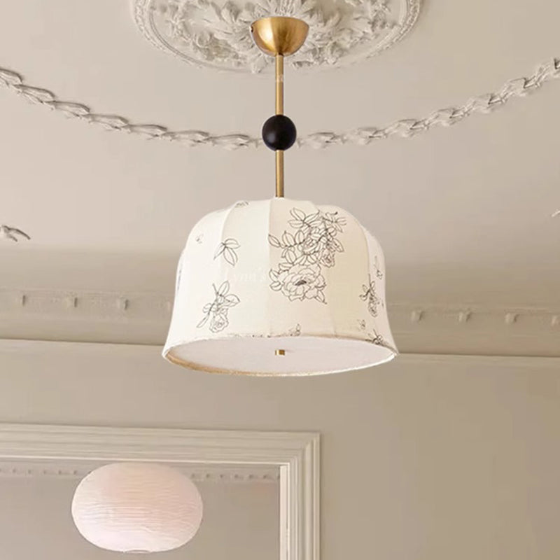 Traditional Vintage Romantic Floral Textured Striped Round Iron Wood Fabric 3/5 Light Chandelier For Living Room