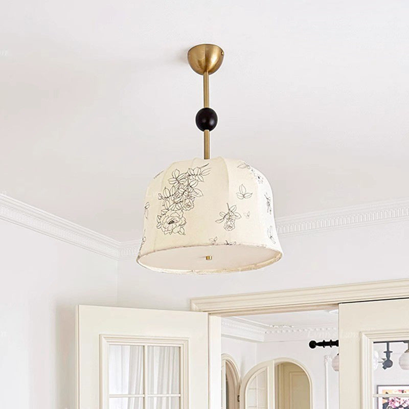 Traditional Vintage Romantic Floral Textured Striped Round Iron Wood Fabric 3/5 Light Chandelier For Living Room