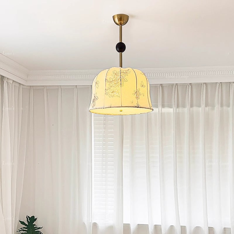 Traditional Vintage Romantic Floral Textured Striped Round Iron Wood Fabric 3/5 Light Chandelier For Living Room
