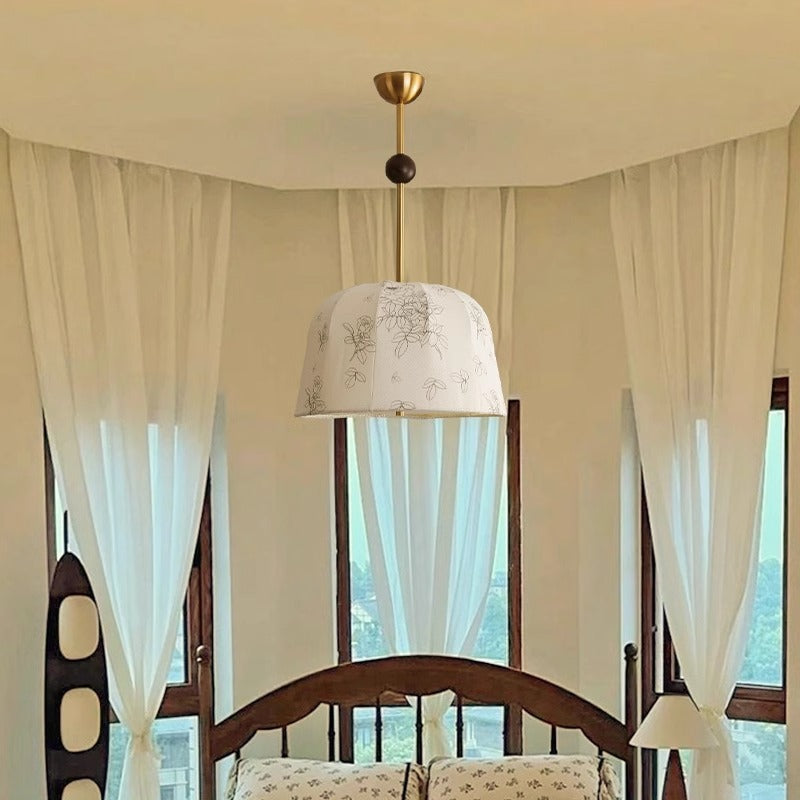 Traditional Vintage Romantic Floral Textured Striped Round Iron Wood Fabric 3/5 Light Chandelier For Living Room