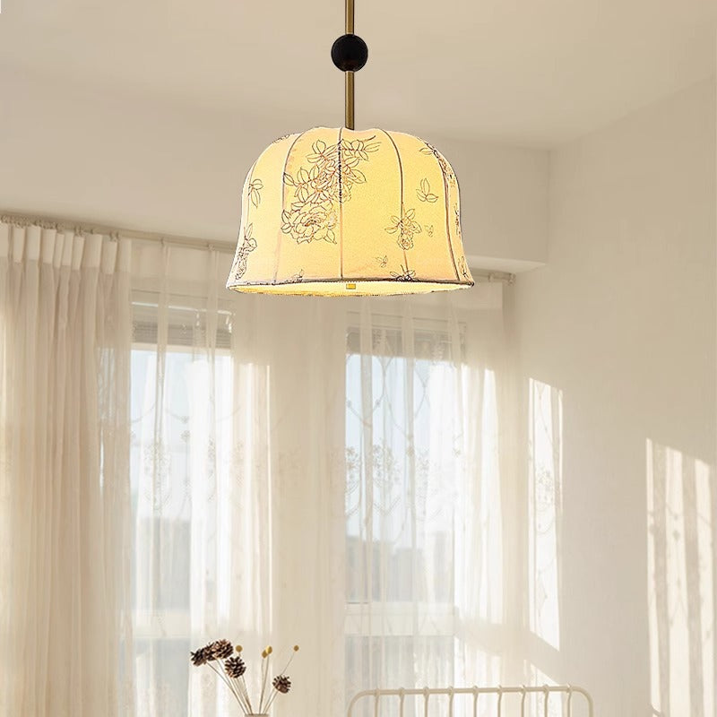 Traditional Vintage Romantic Floral Textured Striped Round Iron Wood Fabric 3/5 Light Chandelier For Living Room