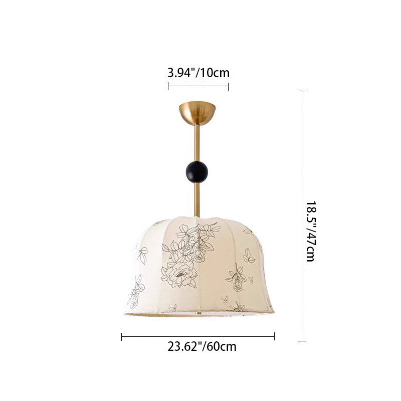 Traditional Vintage Romantic Floral Textured Striped Round Iron Wood Fabric 3/5 Light Chandelier For Living Room