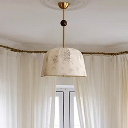 Traditional Vintage Romantic Floral Textured Striped Round Iron Wood Fabric 3/5 Light Chandelier For Living Room