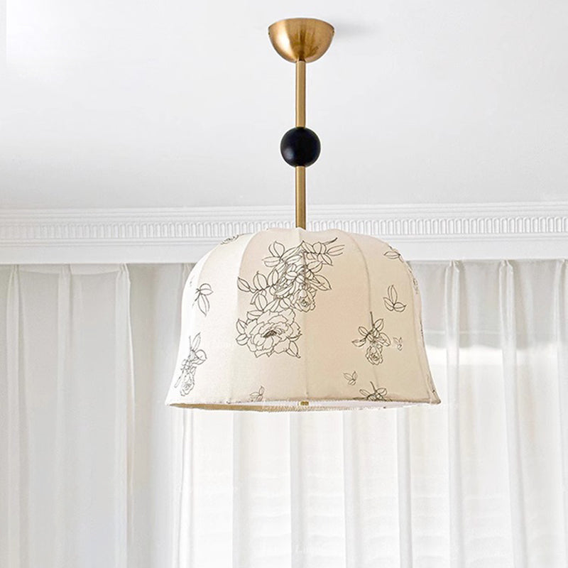Traditional Vintage Romantic Floral Textured Striped Round Iron Wood Fabric 3/5 Light Chandelier For Living Room