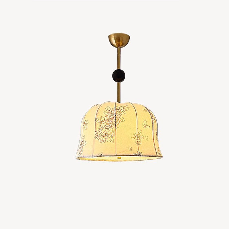 Traditional Vintage Romantic Floral Textured Striped Round Iron Wood Fabric 3/5 Light Chandelier For Living Room