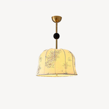 Traditional Vintage Romantic Floral Textured Striped Round Iron Wood Fabric 3/5 Light Chandelier For Living Room
