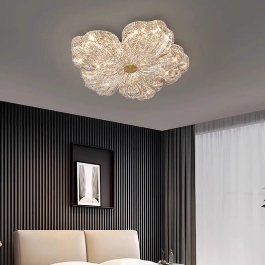 Modern Luxury Warm Flower Full Copper Resin Gold Foil LED Flush Mount Ceiling Light For Living Room
