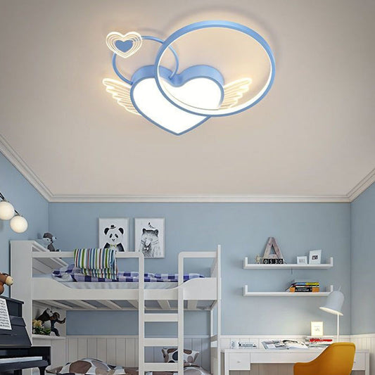 Contemporary Creative Cartoon Kids Circle Love Wings Iron Acrylic LED Flush Mount Ceiling Light For Living Room