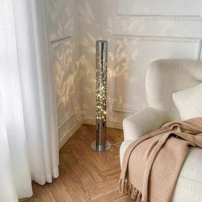 Contemporary Scandinavian Cylinder Disc Base Butterfly Textured Stainless Steel LED Standing Floor Lamp For Living Room