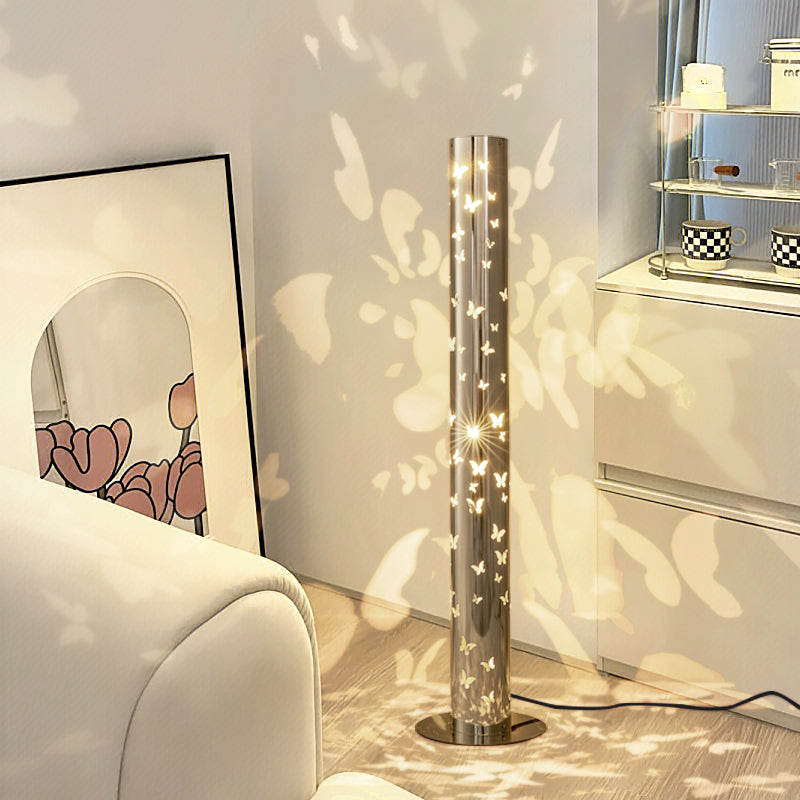 Contemporary Scandinavian Cylinder Disc Base Butterfly Textured Stainless Steel LED Standing Floor Lamp For Living Room