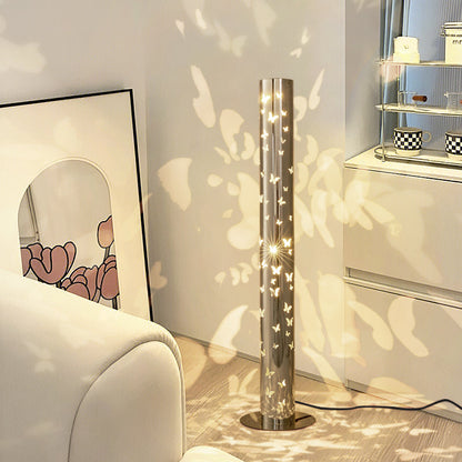Contemporary Scandinavian Cylinder Disc Base Butterfly Textured Stainless Steel LED Standing Floor Lamp For Living Room