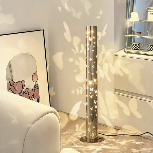 Contemporary Scandinavian Cylinder Disc Base Butterfly Textured Stainless Steel LED Standing Floor Lamp For Living Room