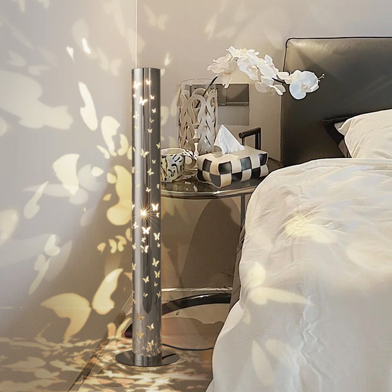 Contemporary Scandinavian Cylinder Disc Base Butterfly Textured Stainless Steel LED Standing Floor Lamp For Living Room
