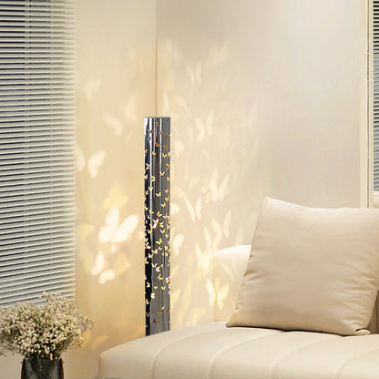 Contemporary Scandinavian Cylinder Disc Base Butterfly Textured Stainless Steel LED Standing Floor Lamp For Living Room