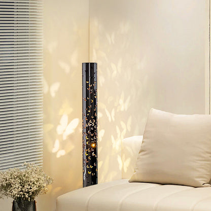 Contemporary Scandinavian Cylinder Disc Base Butterfly Textured Stainless Steel LED Standing Floor Lamp For Living Room