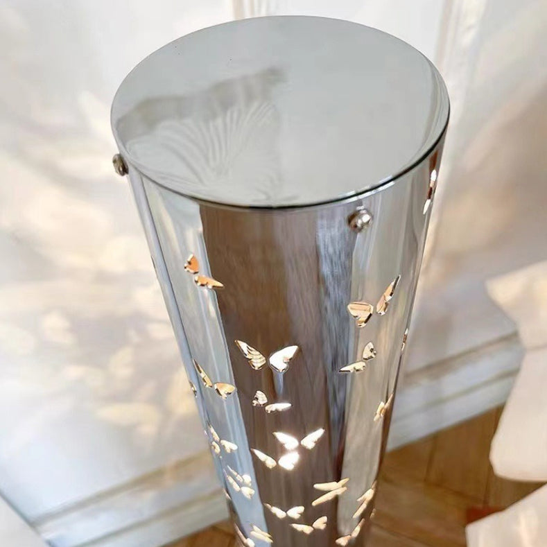 Contemporary Scandinavian Cylinder Disc Base Butterfly Textured Stainless Steel LED Standing Floor Lamp For Living Room