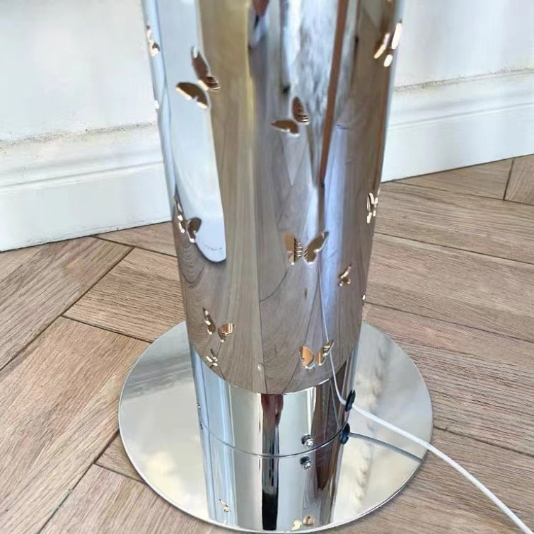 Contemporary Scandinavian Cylinder Disc Base Butterfly Textured Stainless Steel LED Standing Floor Lamp For Living Room