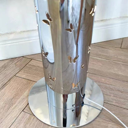 Contemporary Scandinavian Cylinder Disc Base Butterfly Textured Stainless Steel LED Standing Floor Lamp For Living Room