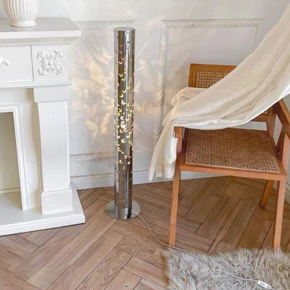 Contemporary Scandinavian Cylinder Disc Base Butterfly Textured Stainless Steel LED Standing Floor Lamp For Living Room