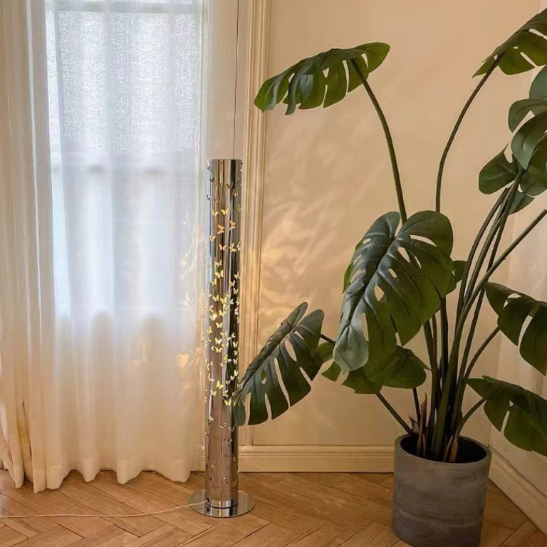 Contemporary Scandinavian Cylinder Disc Base Butterfly Textured Stainless Steel LED Standing Floor Lamp For Living Room