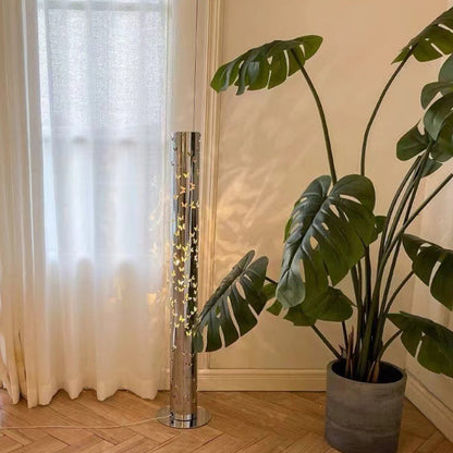 Contemporary Scandinavian Cylinder Disc Base Butterfly Textured Stainless Steel LED Standing Floor Lamp For Living Room