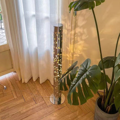 Contemporary Scandinavian Cylinder Disc Base Butterfly Textured Stainless Steel LED Standing Floor Lamp For Living Room