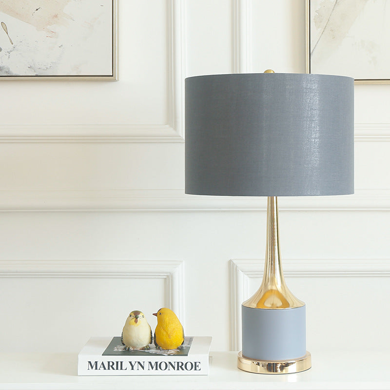 Modern Minimalist Cylinder Bottle Disc Base Hardware Marble Fabric 1-Light Table Lamp For Bedroom