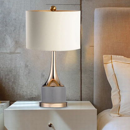 Modern Minimalist Cylinder Bottle Disc Base Hardware Marble Fabric 1-Light Table Lamp For Bedroom
