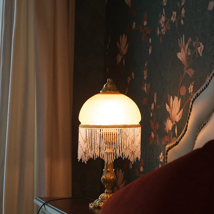 Traditional Vintage Half Round Cylinder Tassel Copper Glass 1-Light Table Lamp For Bedroom
