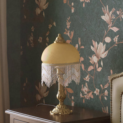 Traditional Vintage Half Round Cylinder Tassel Copper Glass 1-Light Table Lamp For Bedroom