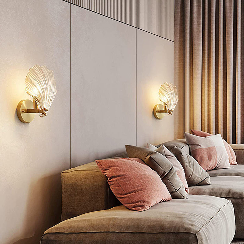 Contemporary Scandinavian Shell Disc Base Iron Brass Glass 1-Light Wall Sconce Lamp For Bedroom