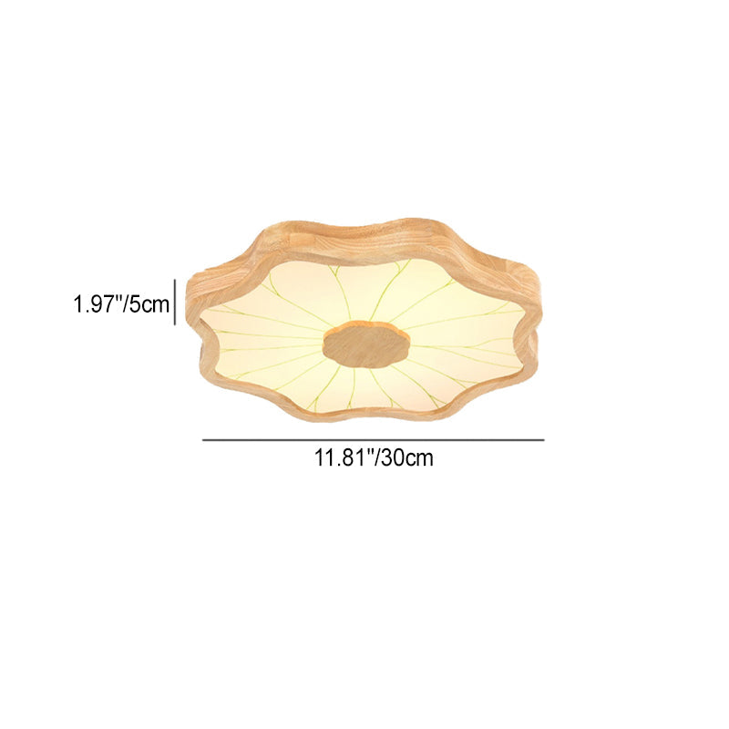 Traditional Chinese Lotus Leaf Petal Solid Wood Iron Acrylic LED Flush Mount Ceiling Light For Bedroom