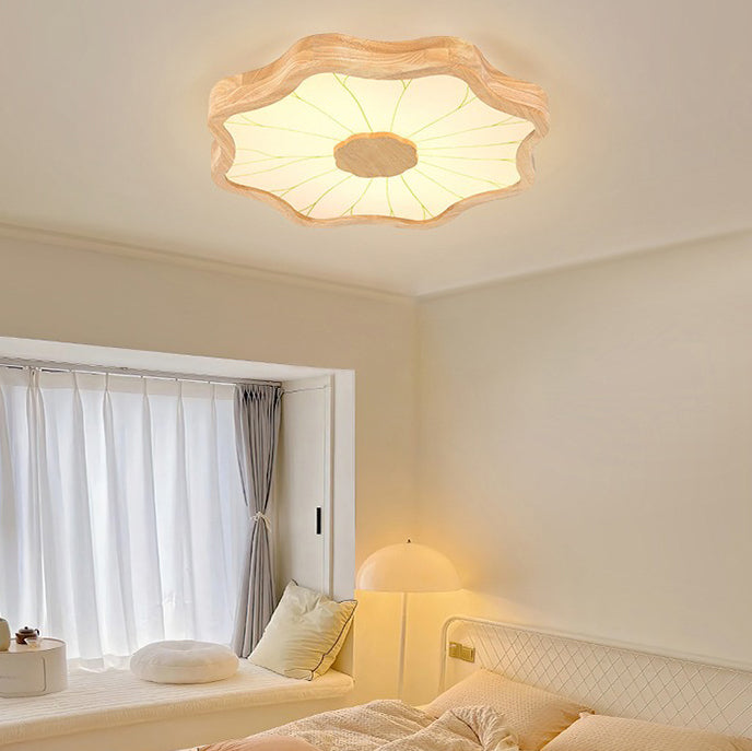 Traditional Chinese Lotus Leaf Petal Solid Wood Iron Acrylic LED Flush Mount Ceiling Light For Bedroom