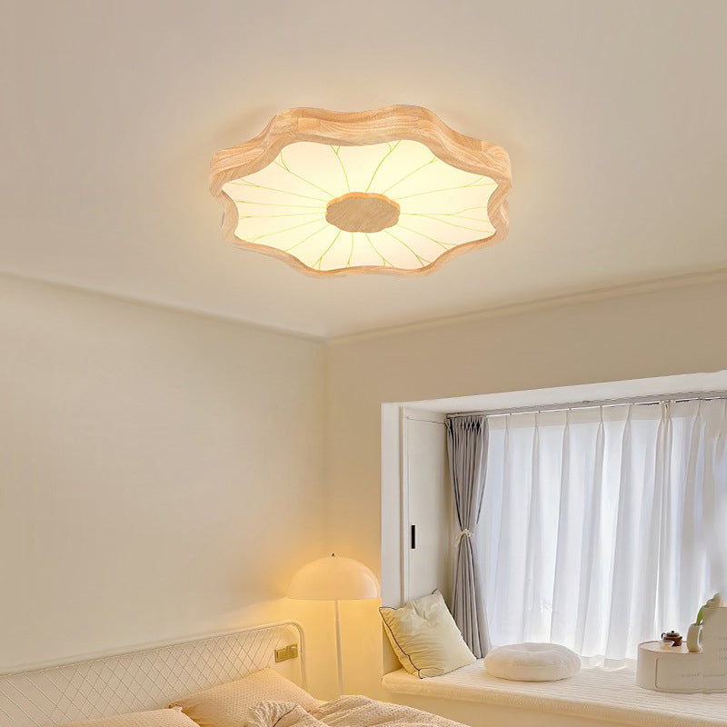 Traditional Chinese Lotus Leaf Petal Solid Wood Iron Acrylic LED Flush Mount Ceiling Light For Bedroom