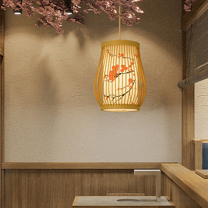 Traditional Chinese Cylinder Oval Strip Bamboo Leaf Plum Blossom Bamboo Imitation Parchment 1-Light Pendant Light For Living Room
