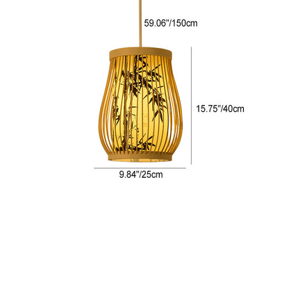 Traditional Chinese Cylinder Oval Strip Bamboo Leaf Plum Blossom Bamboo Imitation Parchment 1-Light Pendant Light For Living Room