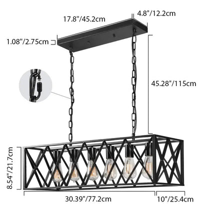 Contemporary Industrial Rectangle Mesh Long Iron 4/6 Light Chandelier Island Light For Dining Room