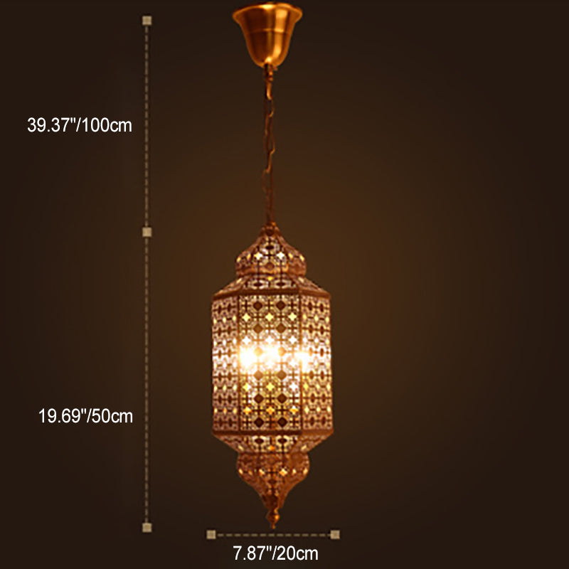 Traditional Vintage Rectangular Hexagonal Pod Hollowed Carved Copper Glass 3-Light Pendant Light For Living Room