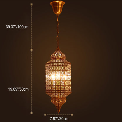 Traditional Vintage Rectangular Hexagonal Pod Hollowed Carved Copper Glass 3-Light Pendant Light For Living Room