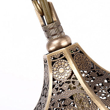 Traditional Vintage Rectangular Hexagonal Pod Hollowed Carved Copper Glass 3-Light Pendant Light For Living Room
