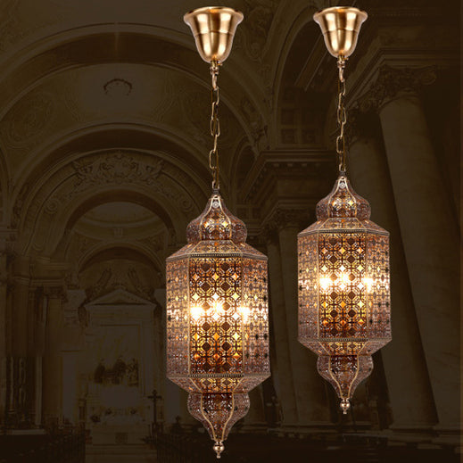 Traditional Vintage Rectangular Hexagonal Pod Hollowed Carved Copper Glass 3-Light Pendant Light For Living Room