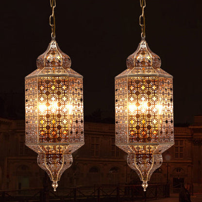 Traditional Vintage Rectangular Hexagonal Pod Hollowed Carved Copper Glass 3-Light Pendant Light For Living Room
