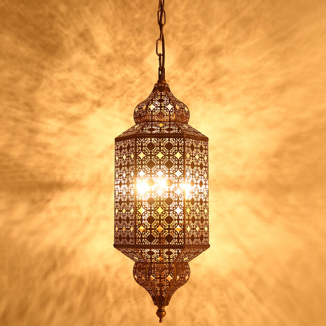 Traditional Vintage Rectangular Hexagonal Pod Hollowed Carved Copper Glass 3-Light Pendant Light For Living Room