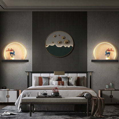 Traditional Chinese Plum Blossom Deer Welcome Pine Semicircle Copper Jade Silicon LED Wall Sconce Lamp For Bedroom