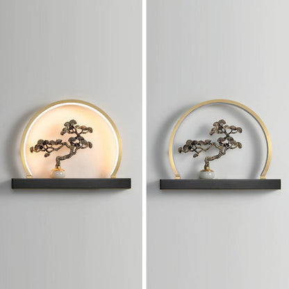 Traditional Chinese Plum Blossom Deer Welcome Pine Semicircle Copper Jade Silicon LED Wall Sconce Lamp For Bedroom