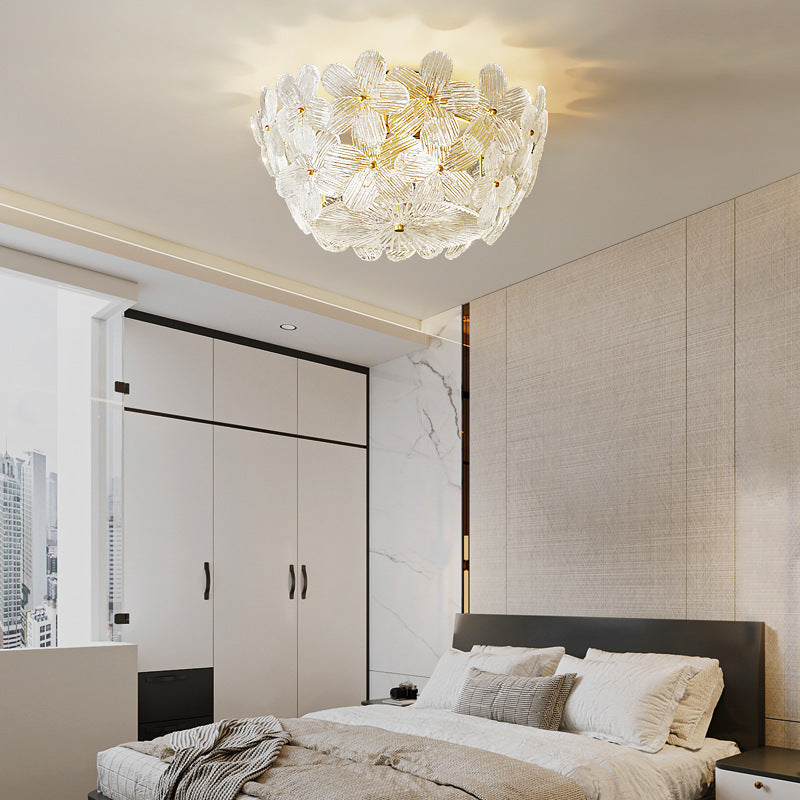 Traditional French Semicircle Round Flower Brass Glass 4-Light Flush Mount Ceiling Light For Living Room