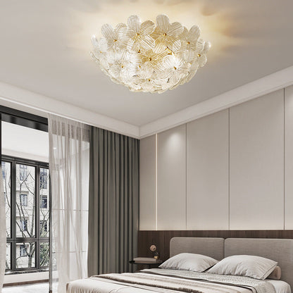 Traditional French Semicircle Round Flower Brass Glass 4-Light Flush Mount Ceiling Light For Living Room