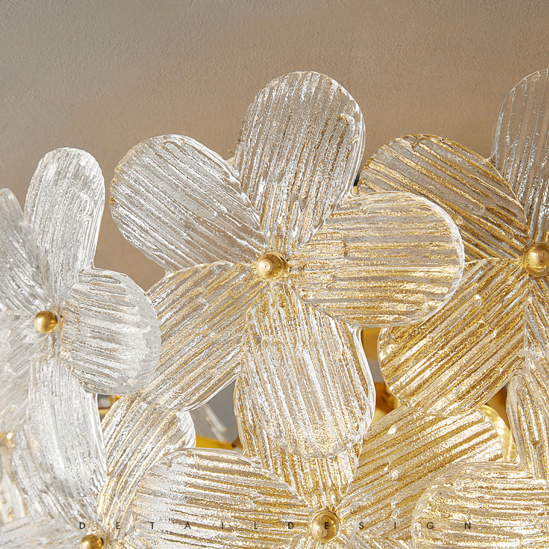 Traditional French Semicircle Round Flower Brass Glass 4-Light Flush Mount Ceiling Light For Living Room